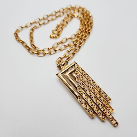Monet Art Deco Style Geo Textured Gold Tone Drop Pendant Long Necklace - Picture 1 of 6